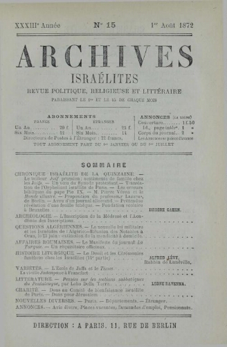 Archives israélites de France. Vol.33 N°16 (15 août 1872)